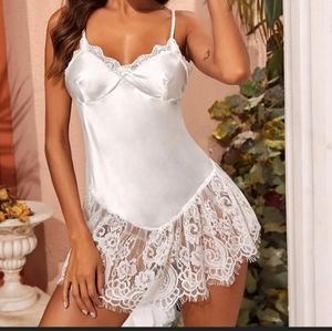 White satin lace trim slip dress